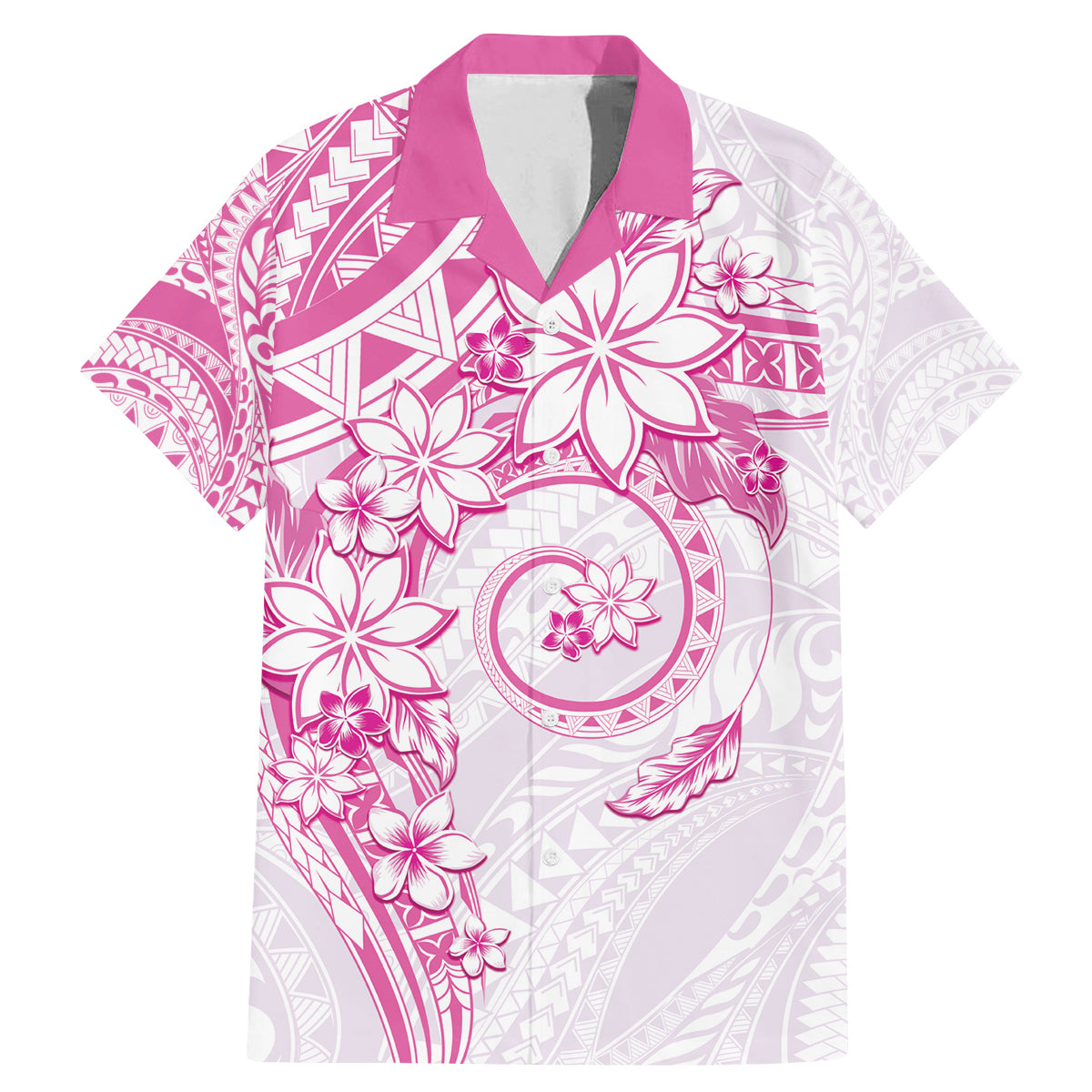 Polynesian Pattern With Plumeria Flowers Family Matching Mermaid Dress and Hawaiian Shirt Pink
