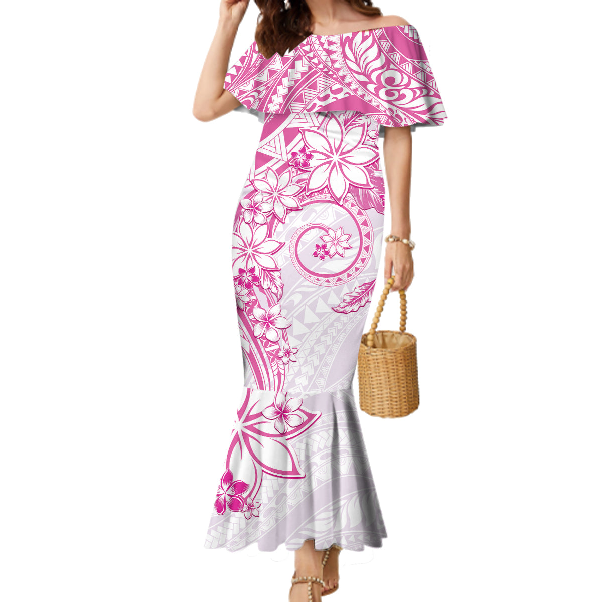 Polynesian Pattern With Plumeria Flowers Family Matching Mermaid Dress and Hawaiian Shirt Pink