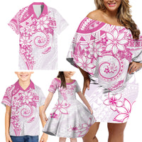 Polynesian Pattern With Plumeria Flowers Family Matching Off Shoulder Short Dress and Hawaiian Shirt Pink