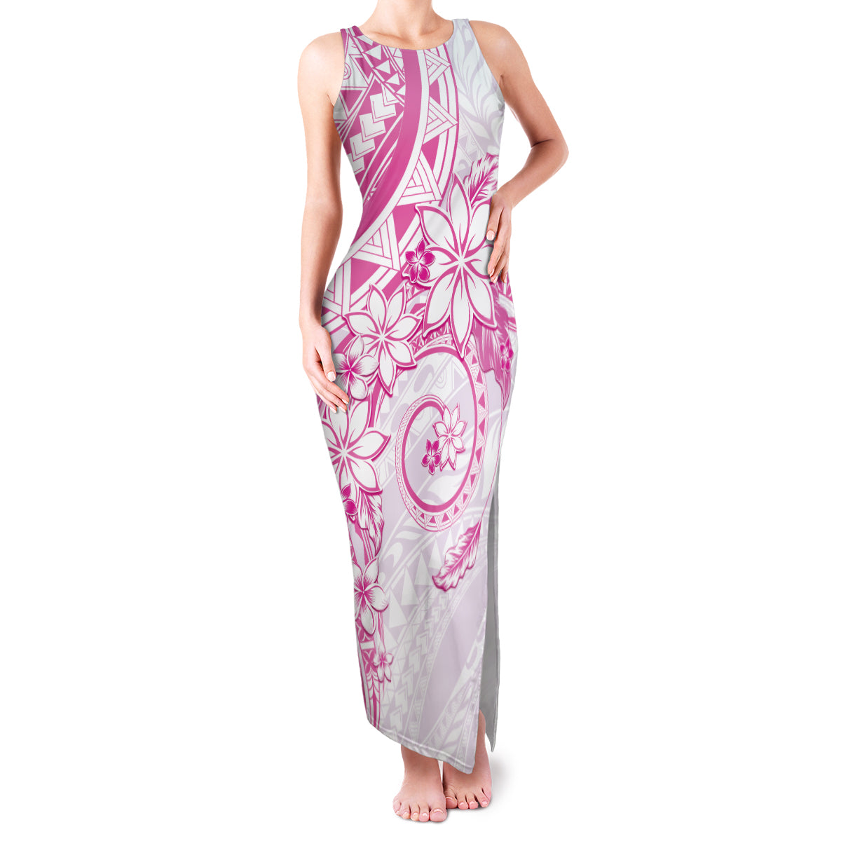 Polynesian Pattern With Plumeria Flowers Family Matching Tank Maxi Dress and Hawaiian Shirt Pink