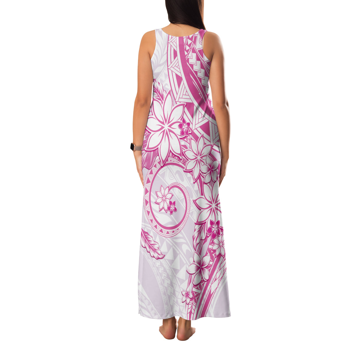 Polynesian Pattern With Plumeria Flowers Family Matching Tank Maxi Dress and Hawaiian Shirt Pink