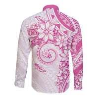 Polynesian Pattern With Plumeria Flowers Long Sleeve Button Shirt Pink