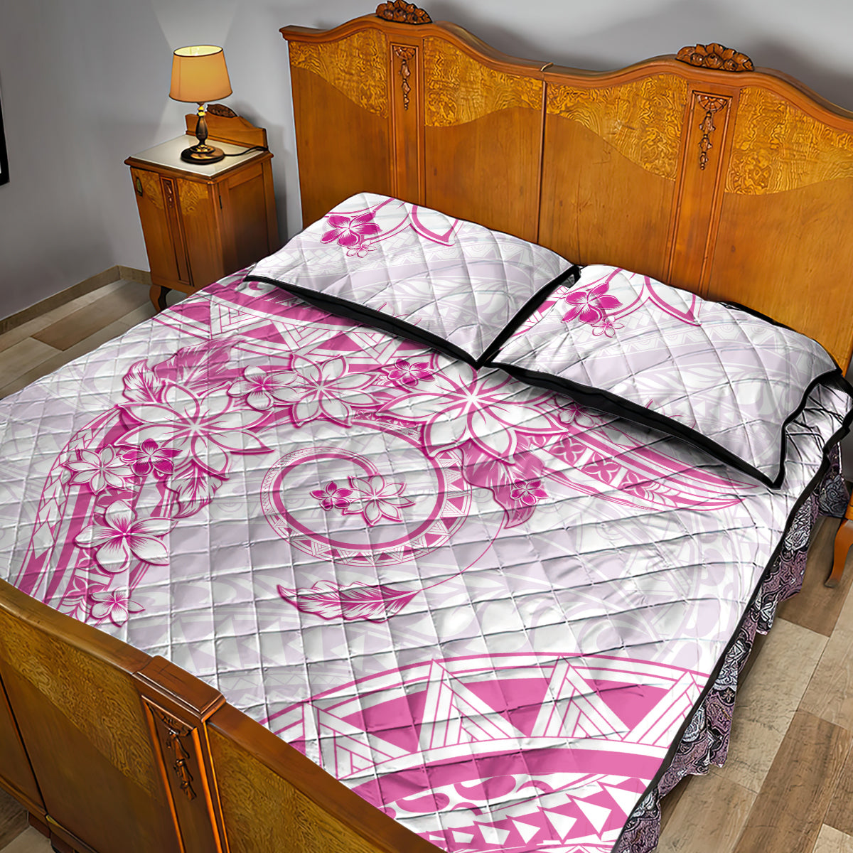 Polynesian Pattern With Plumeria Flowers Quilt Bed Set Pink