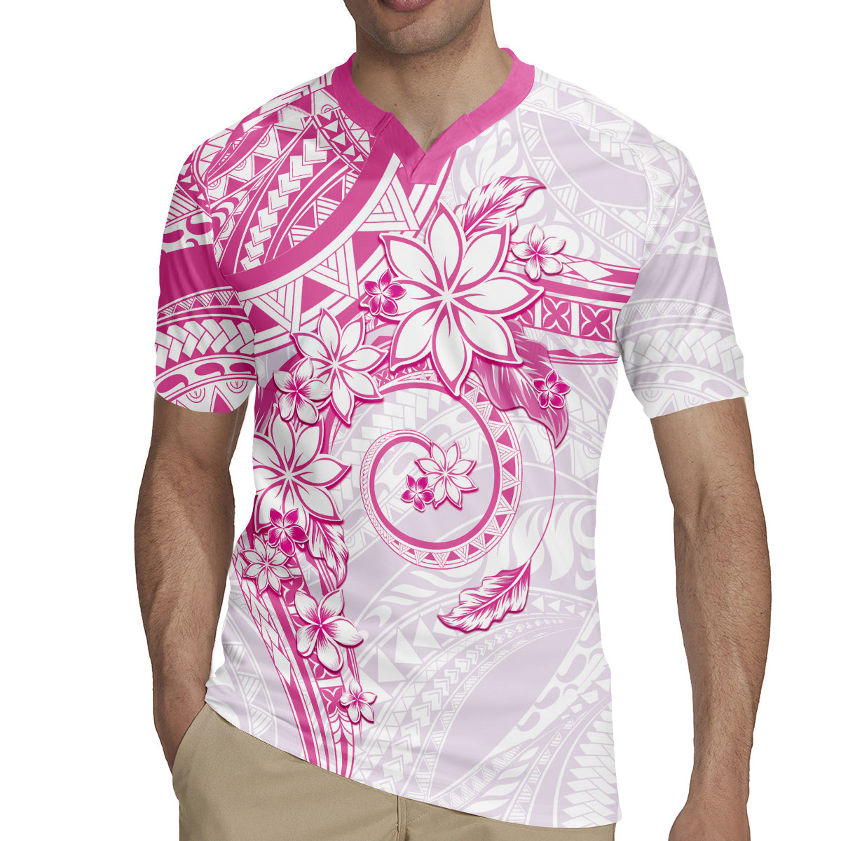 Polynesian Pattern With Plumeria Flowers Rugby Jersey Pink