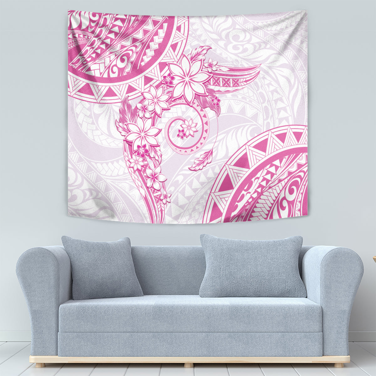 Polynesian Pattern With Plumeria Flowers Tapestry Pink