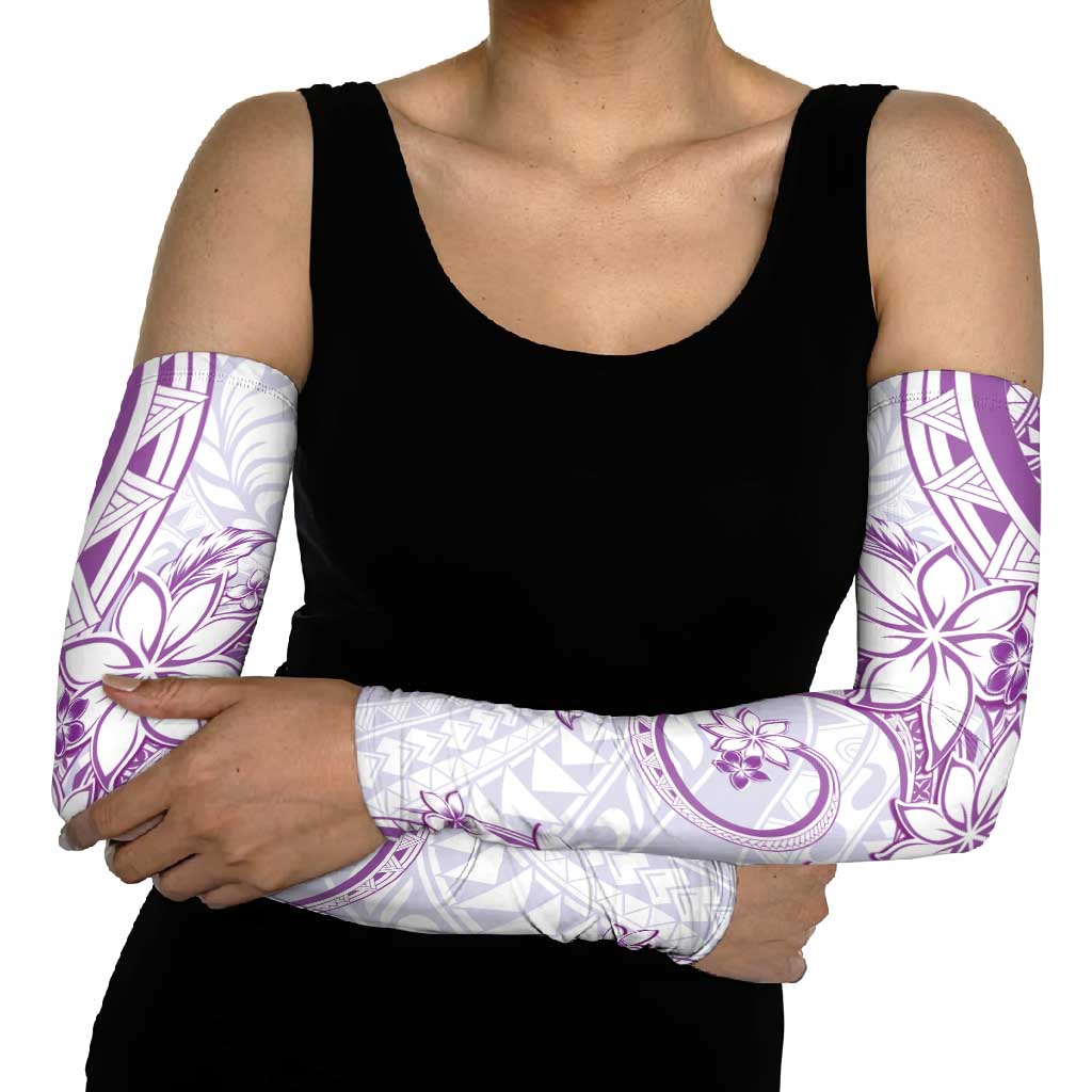 Polynesian Pattern With Plumeria Flowers Arm Sleeves Purple - Polynesian Pride