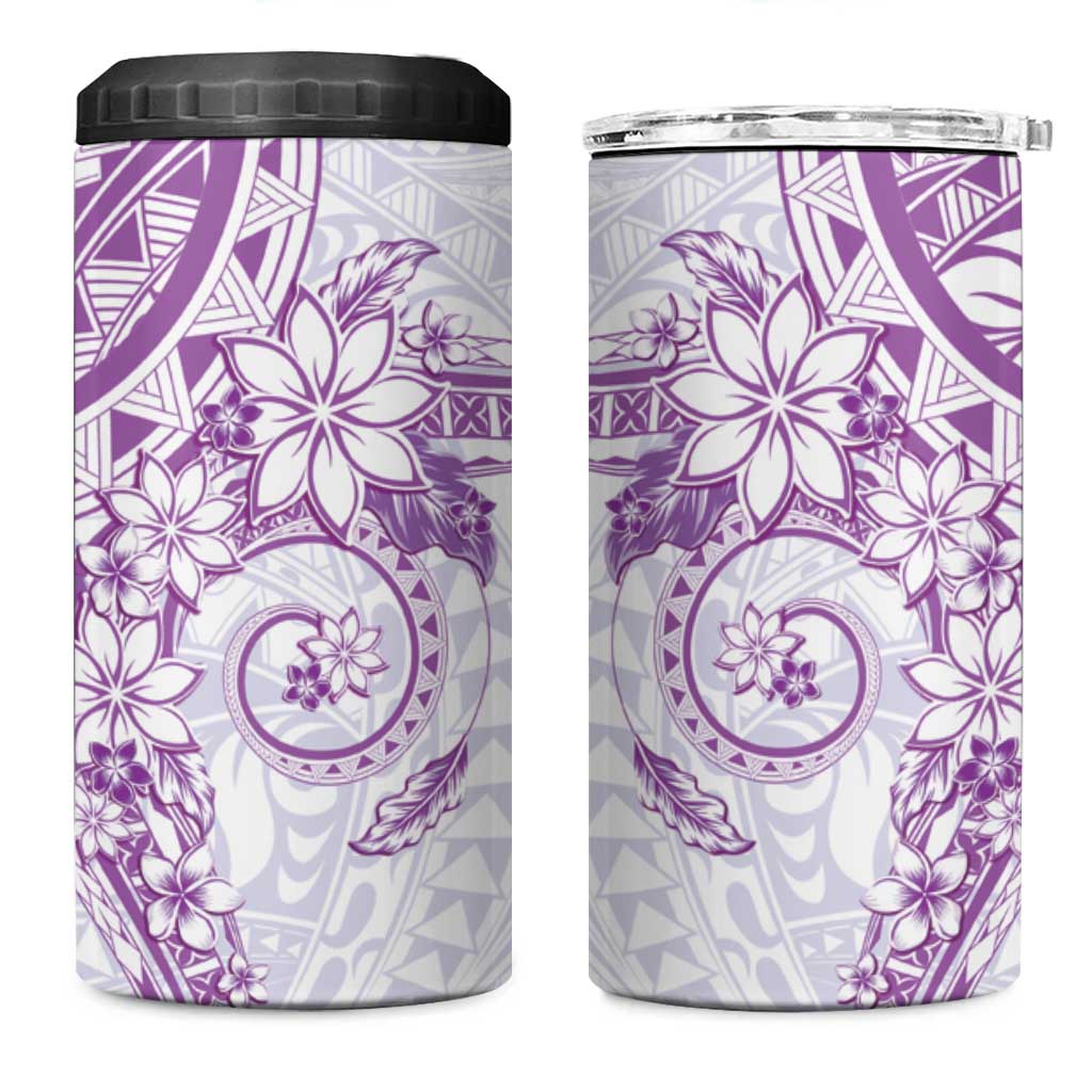 Purple Polynesian Pattern With Plumeria Flowers 4 in 1 Can Cooler Tumbler