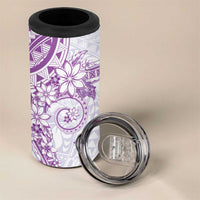 Purple Polynesian Pattern With Plumeria Flowers 4 in 1 Can Cooler Tumbler
