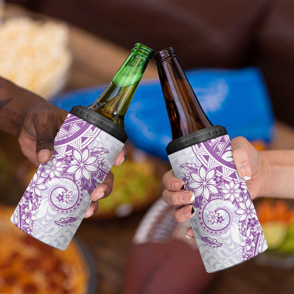Purple Polynesian Pattern With Plumeria Flowers 4 in 1 Can Cooler Tumbler