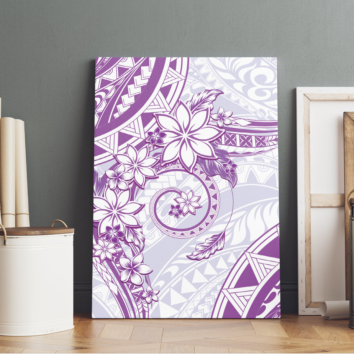 Polynesian Pattern With Plumeria Flowers Canvas Wall Art Purple
