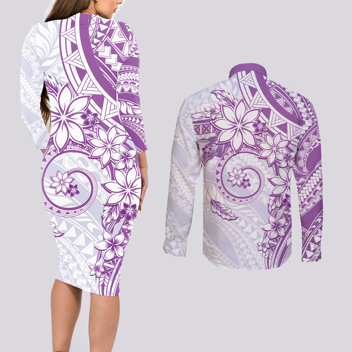 Polynesian Pattern With Plumeria Flowers Couples Matching Long Sleeve Bodycon Dress and Long Sleeve Button Shirt Purple
