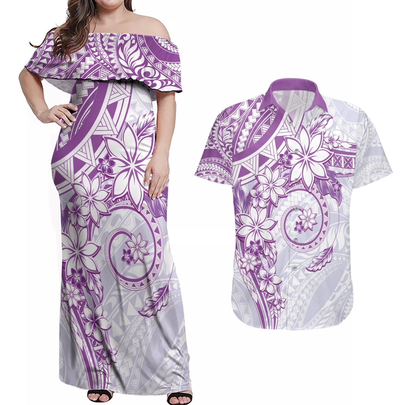 Polynesian Pattern With Plumeria Flowers Couples Matching Off Shoulder Maxi Dress and Hawaiian Shirt Purple