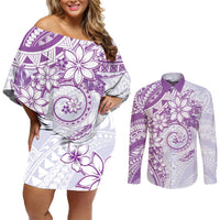 Polynesian Pattern With Plumeria Flowers Couples Matching Off Shoulder Short Dress and Long Sleeve Button Shirt Purple