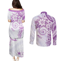 Polynesian Pattern With Plumeria Flowers Couples Matching Puletasi and Long Sleeve Button Shirt Purple