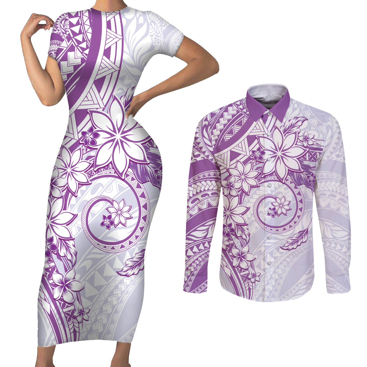 Polynesian Pattern With Plumeria Flowers Couples Matching Short Sleeve Bodycon Dress and Long Sleeve Button Shirt Purple