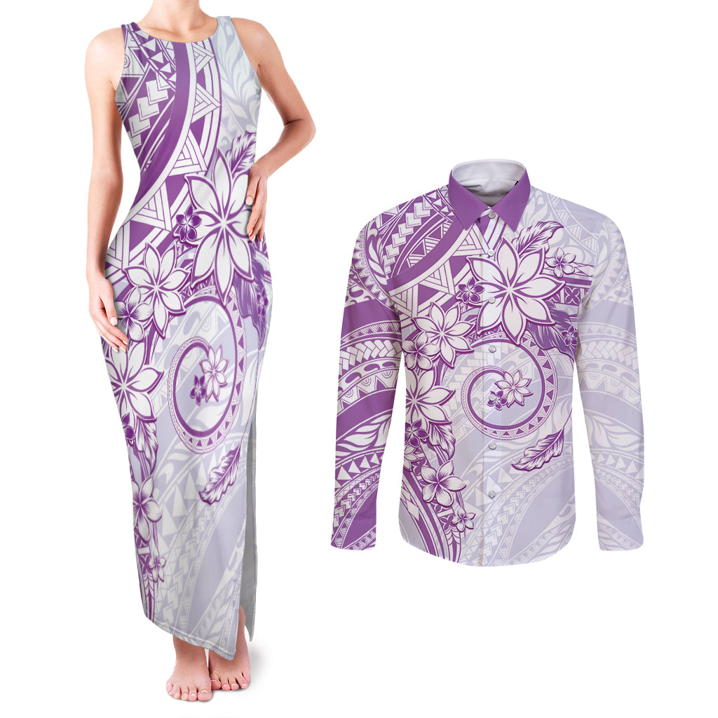 Polynesian Pattern With Plumeria Flowers Couples Matching Tank Maxi Dress and Long Sleeve Button Shirt Purple