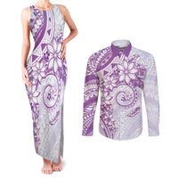 Polynesian Pattern With Plumeria Flowers Couples Matching Tank Maxi Dress and Long Sleeve Button Shirt Purple