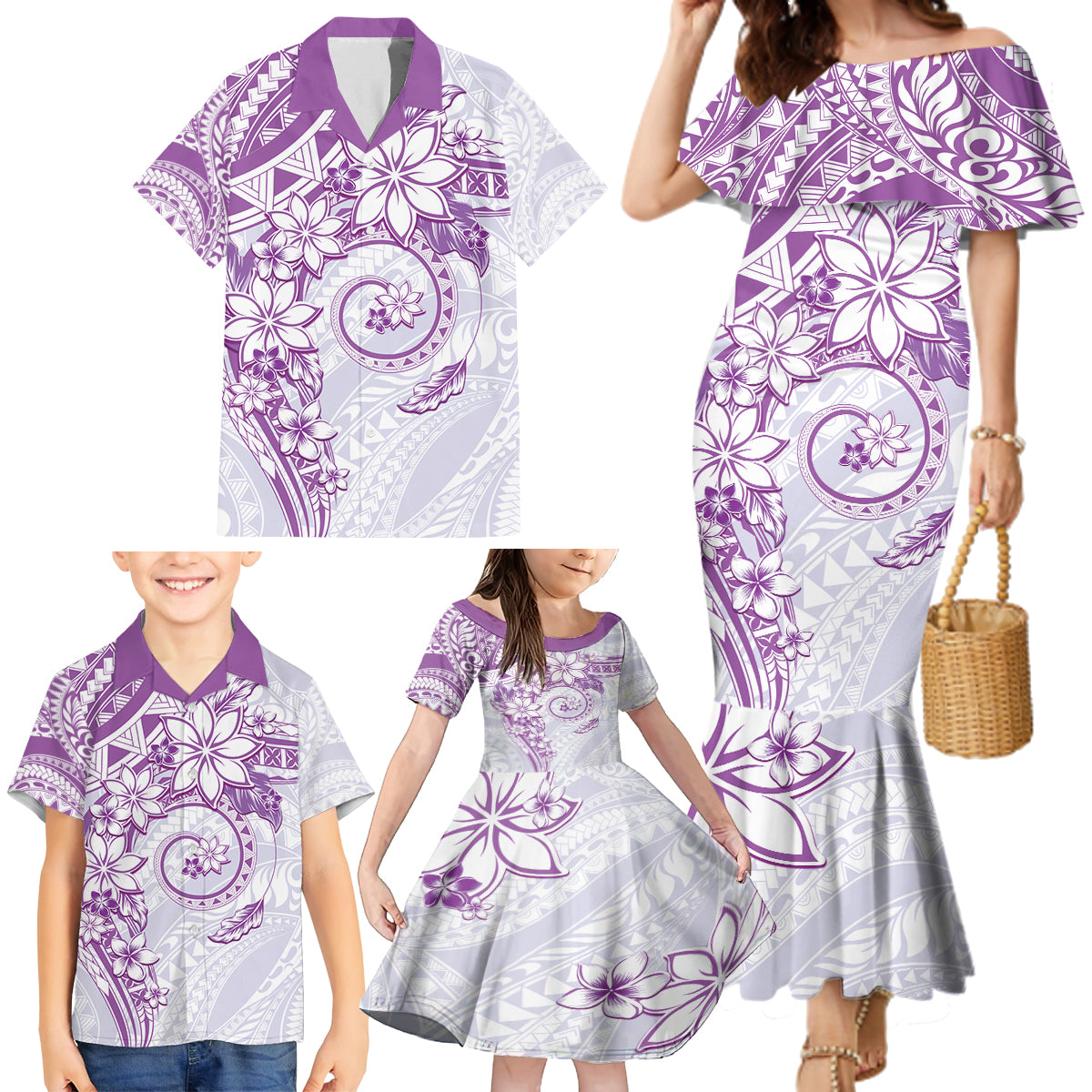 Polynesian Pattern With Plumeria Flowers Family Matching Mermaid Dress and Hawaiian Shirt Purple