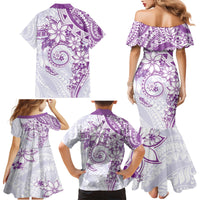 Polynesian Pattern With Plumeria Flowers Family Matching Mermaid Dress and Hawaiian Shirt Purple