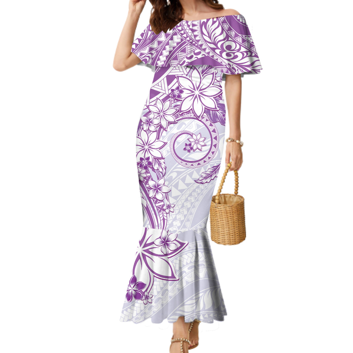 Polynesian Pattern With Plumeria Flowers Family Matching Mermaid Dress and Hawaiian Shirt Purple