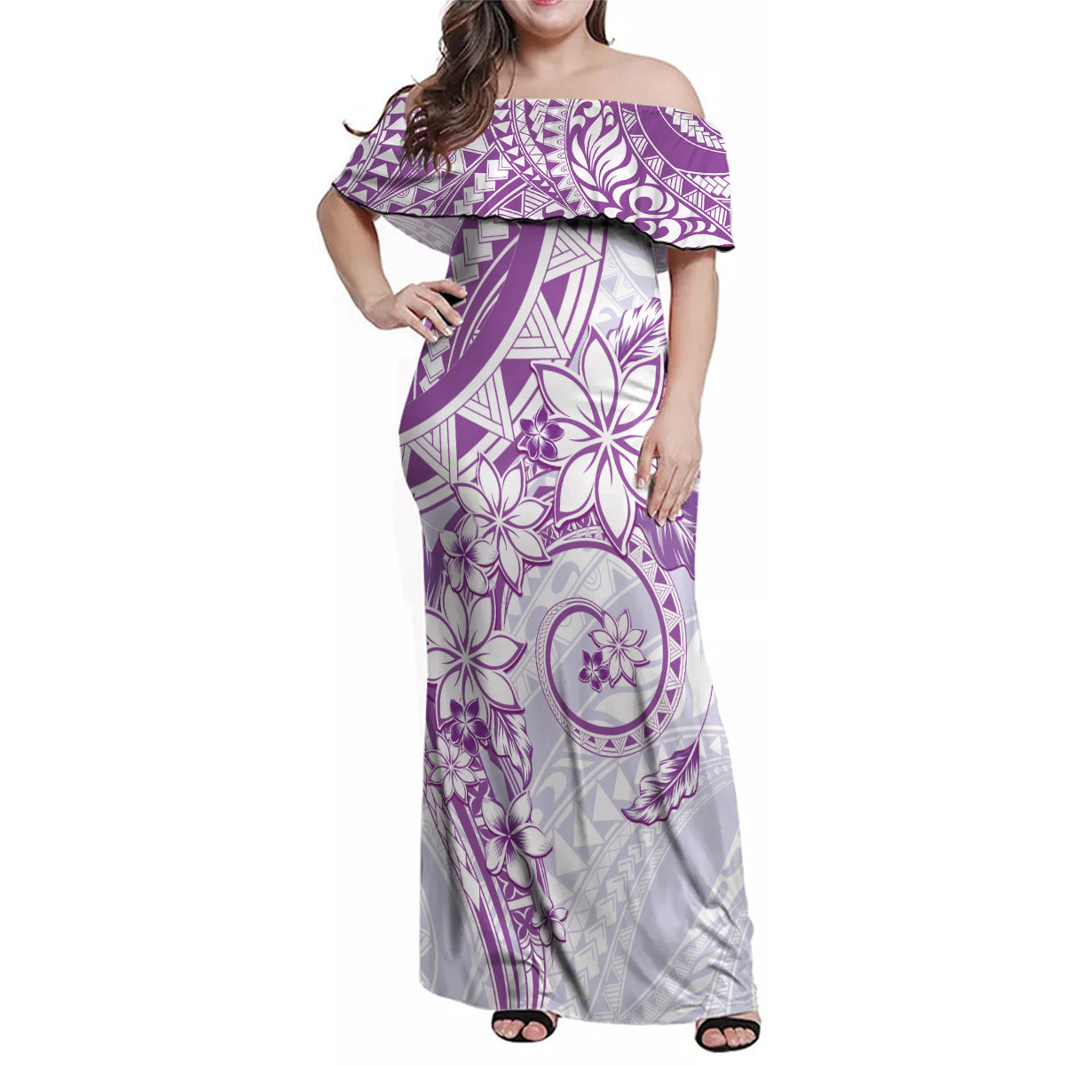 Polynesian Pattern With Plumeria Flowers Family Matching Off Shoulder Maxi Dress and Hawaiian Shirt Purple