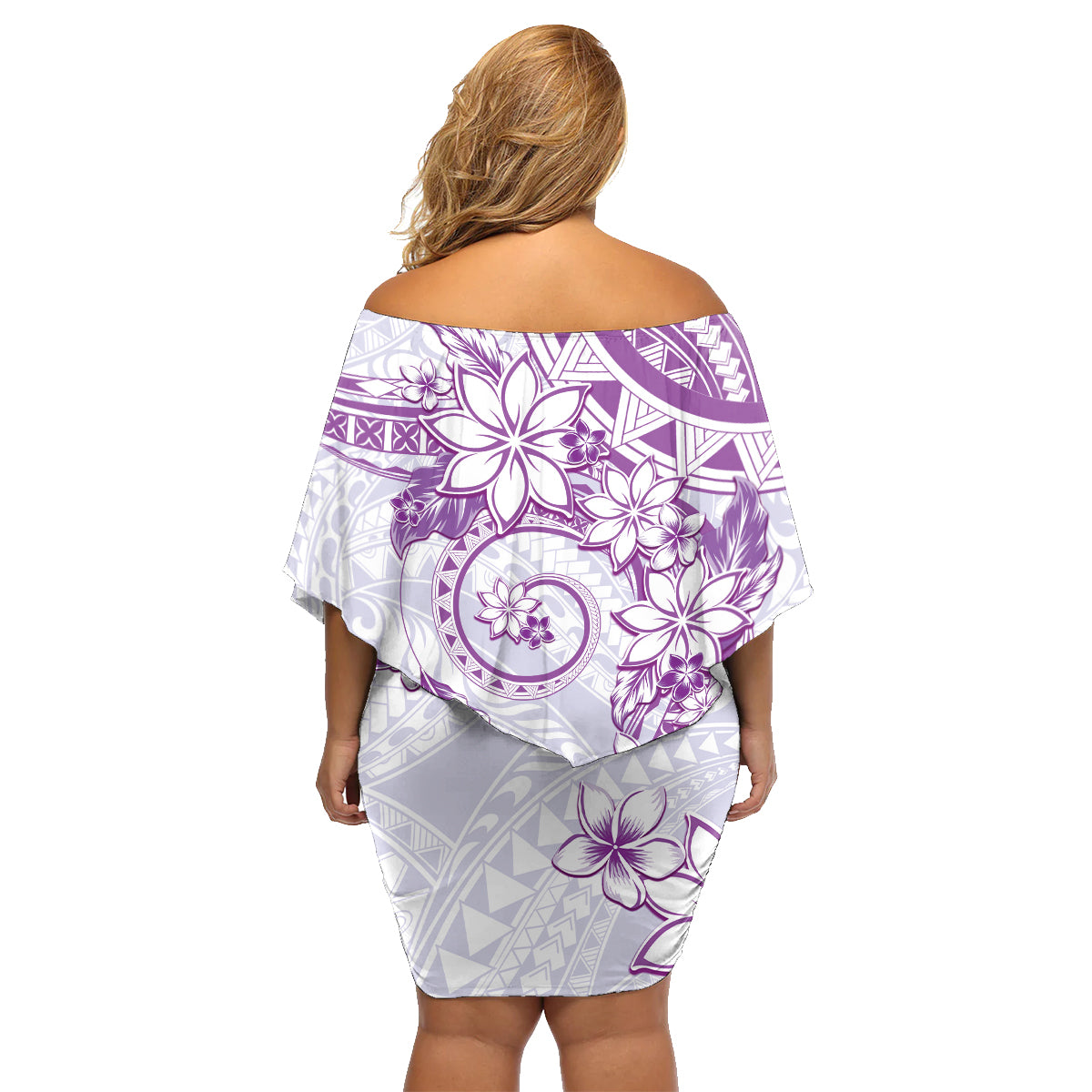 Polynesian Pattern With Plumeria Flowers Family Matching Off Shoulder Short Dress and Hawaiian Shirt Purple