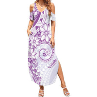 Polynesian Pattern With Plumeria Flowers Family Matching Summer Maxi Dress and Hawaiian Shirt Purple