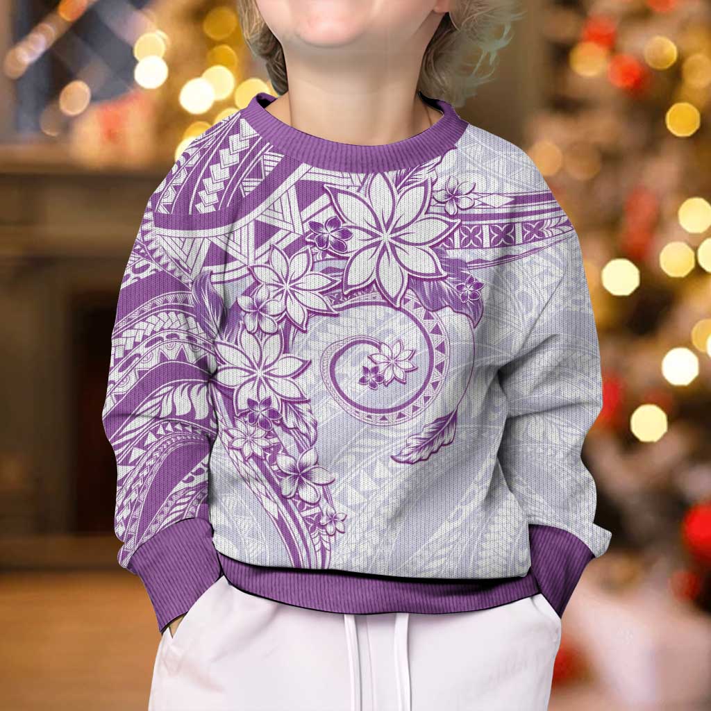 Polynesian Pattern With Plumeria Flowers Kid Ugly Christmas Sweater Purple