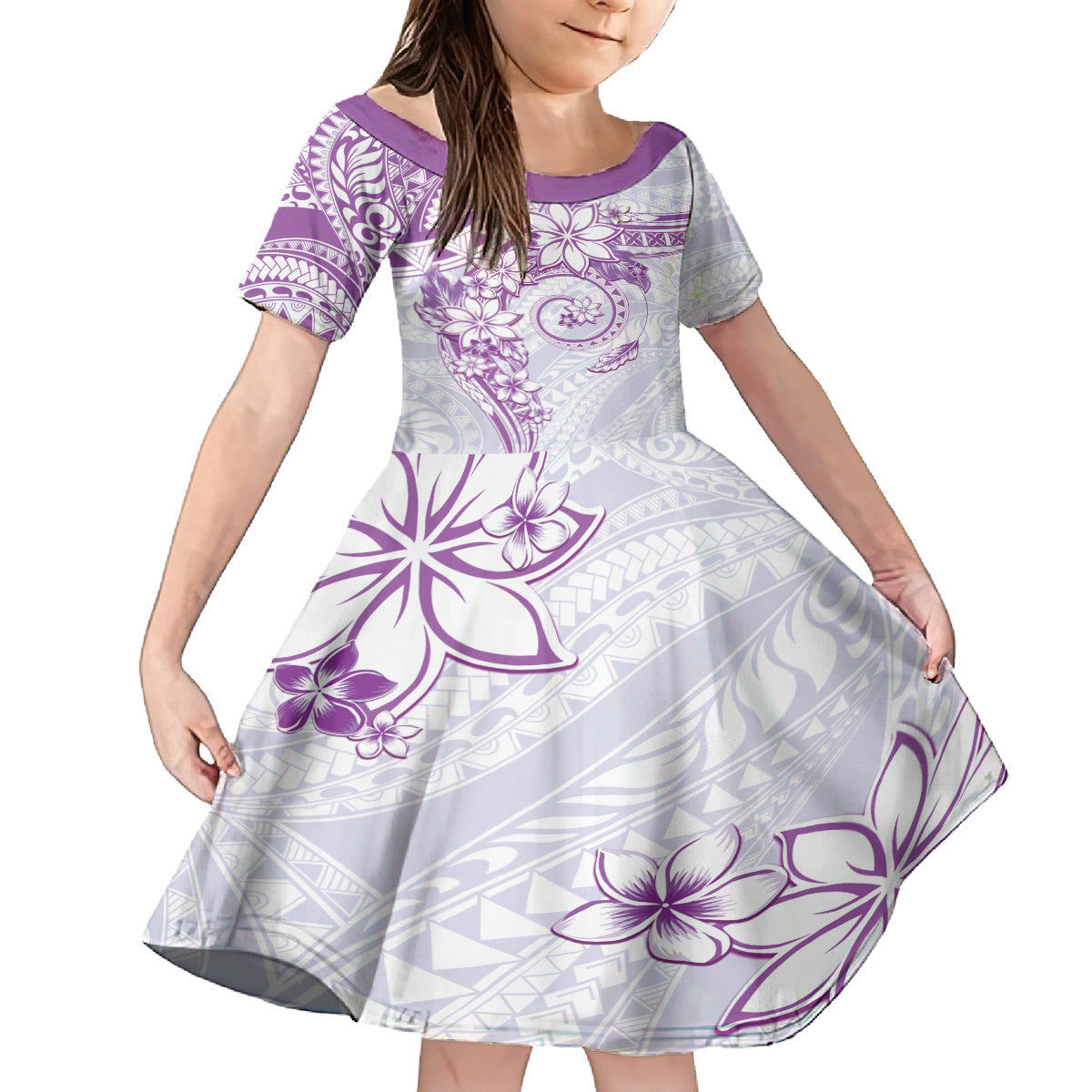 Polynesian Pattern With Plumeria Flowers Kid Short Sleeve Dress Purple
