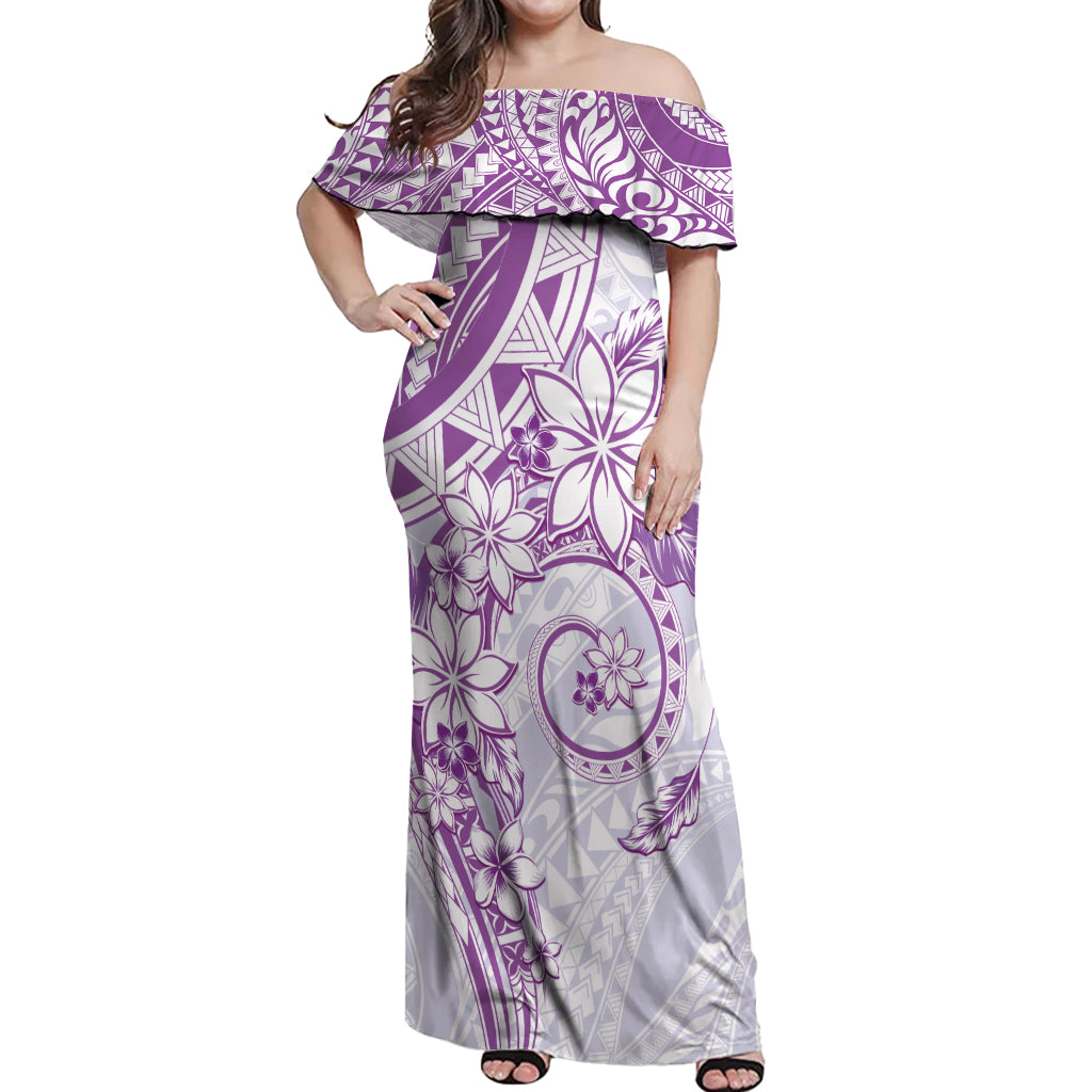 Polynesian Pattern With Plumeria Flowers Off Shoulder Maxi Dress Purple