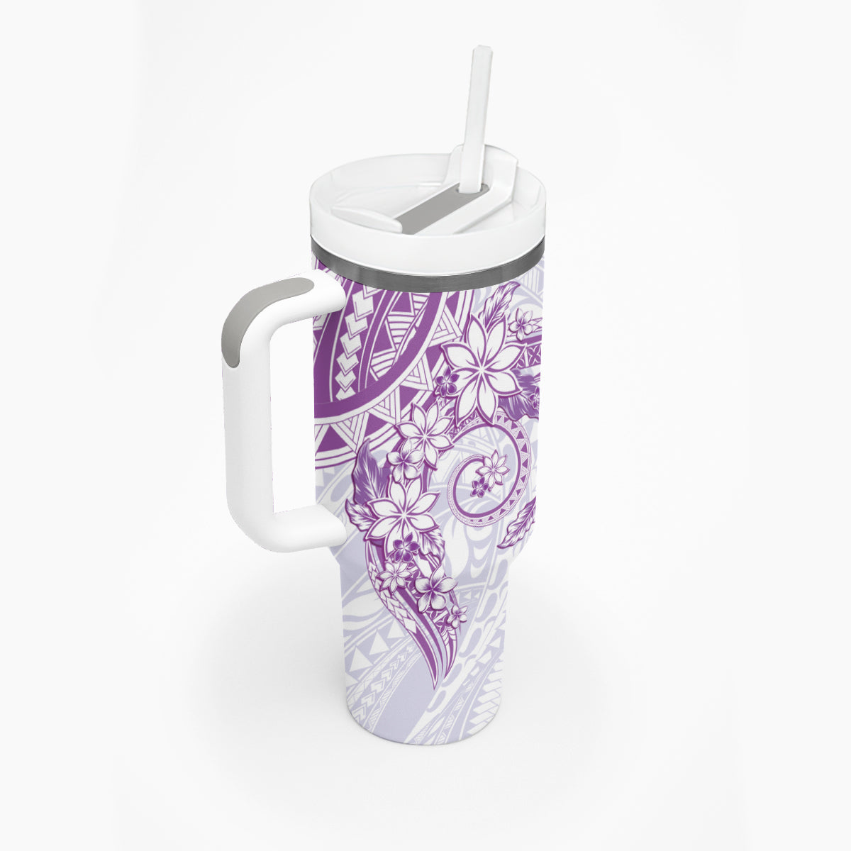 Purple Polynesian Pattern With Plumeria Flowers Tumbler With Handle