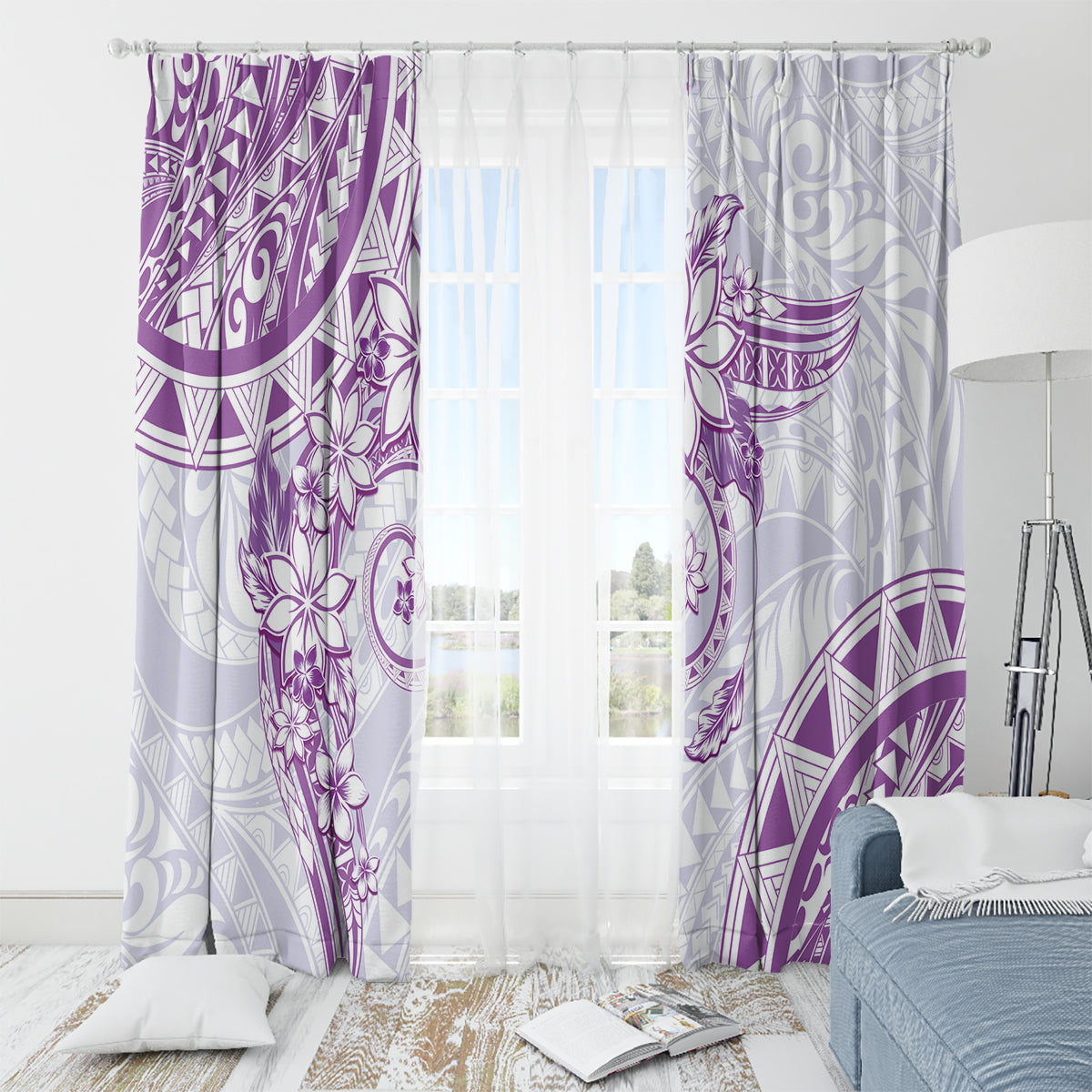 Polynesian Pattern With Plumeria Flowers Window Curtain Purple