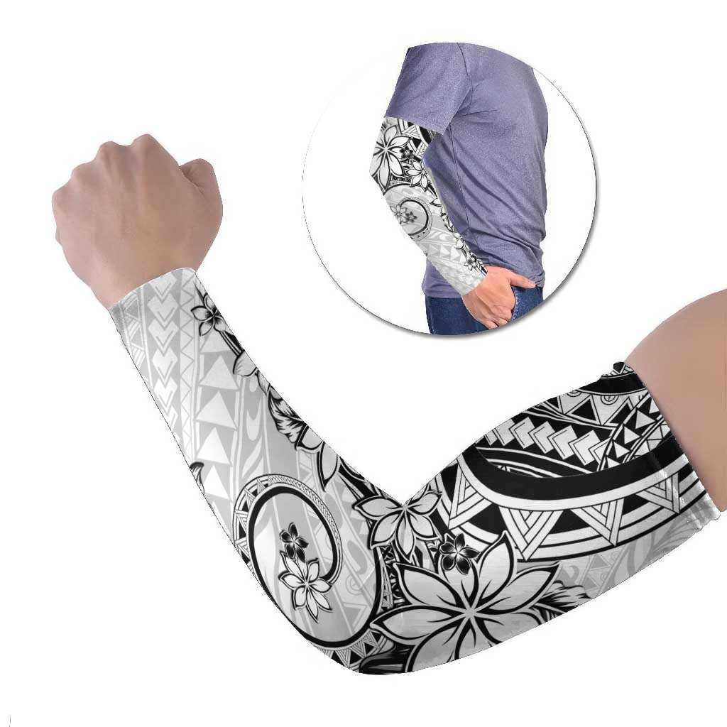 Polynesian Pattern With Plumeria Flowers Arm Sleeves White - Polynesian Pride