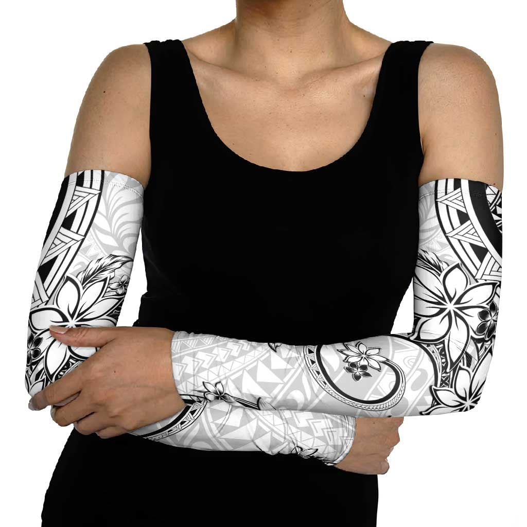 Polynesian Pattern With Plumeria Flowers Arm Sleeves White - Polynesian Pride