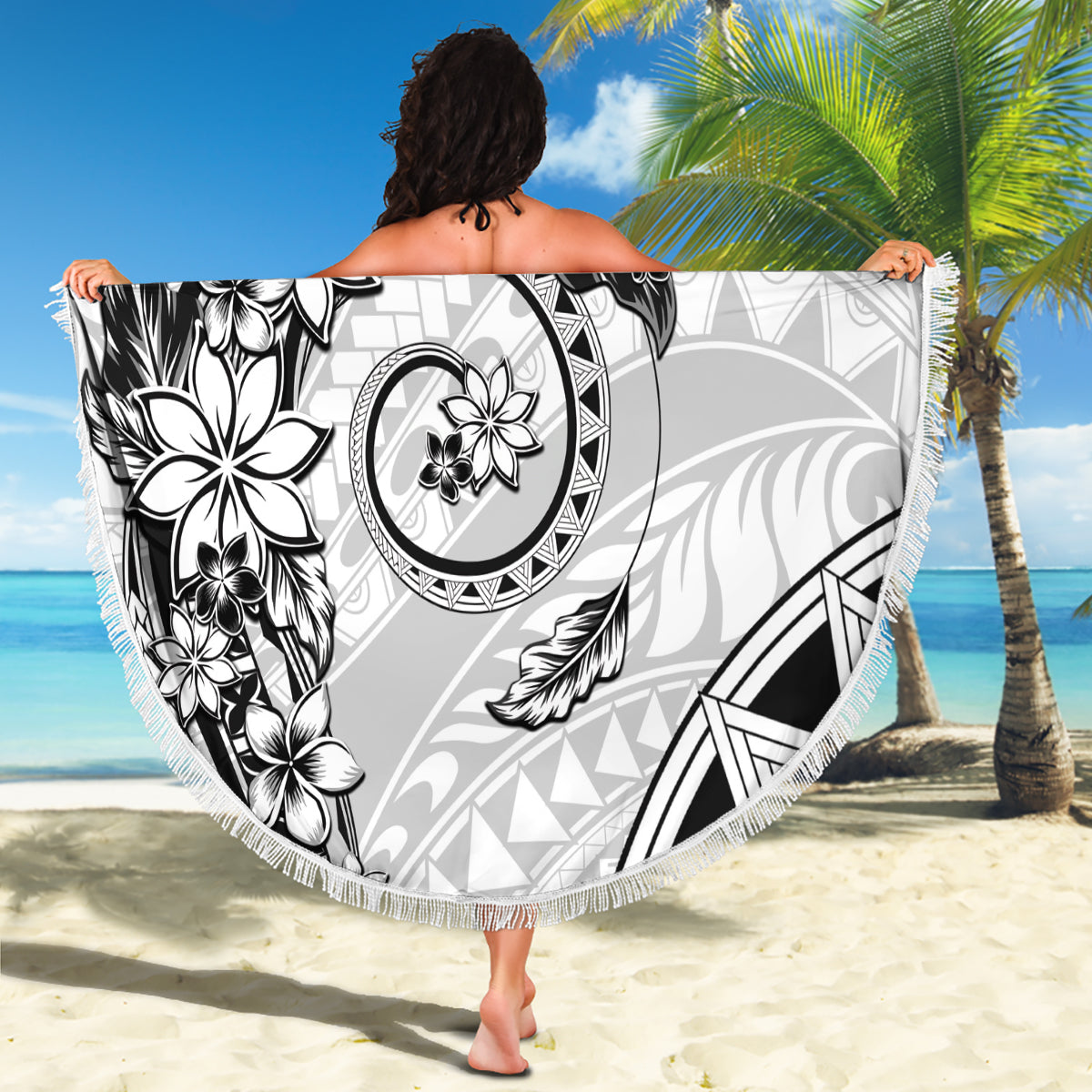 Polynesian Pattern With Plumeria Flowers Beach Blanket White