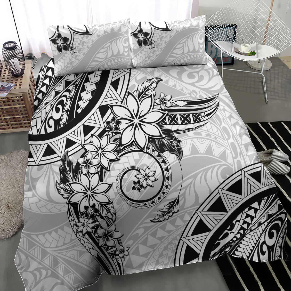 Polynesian Pattern With Plumeria Flowers Bedding Set White