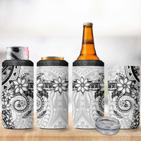 White Polynesian Pattern With Plumeria Flowers 4 in 1 Can Cooler Tumbler