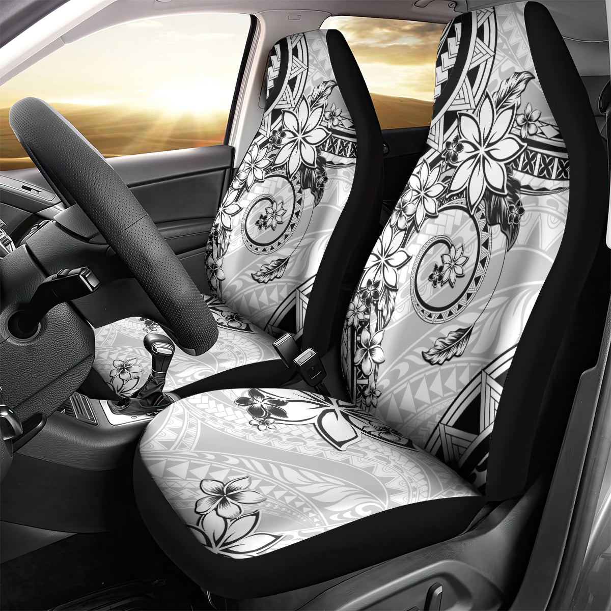Polynesian Pattern With Plumeria Flowers Car Seat Cover White
