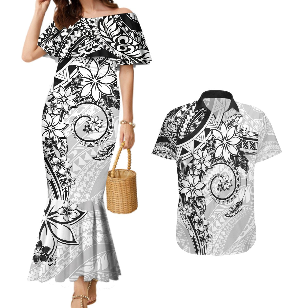 Polynesian Pattern With Plumeria Flowers Couples Matching Mermaid Dress and Hawaiian Shirt White LT05 White - Polynesian Pride