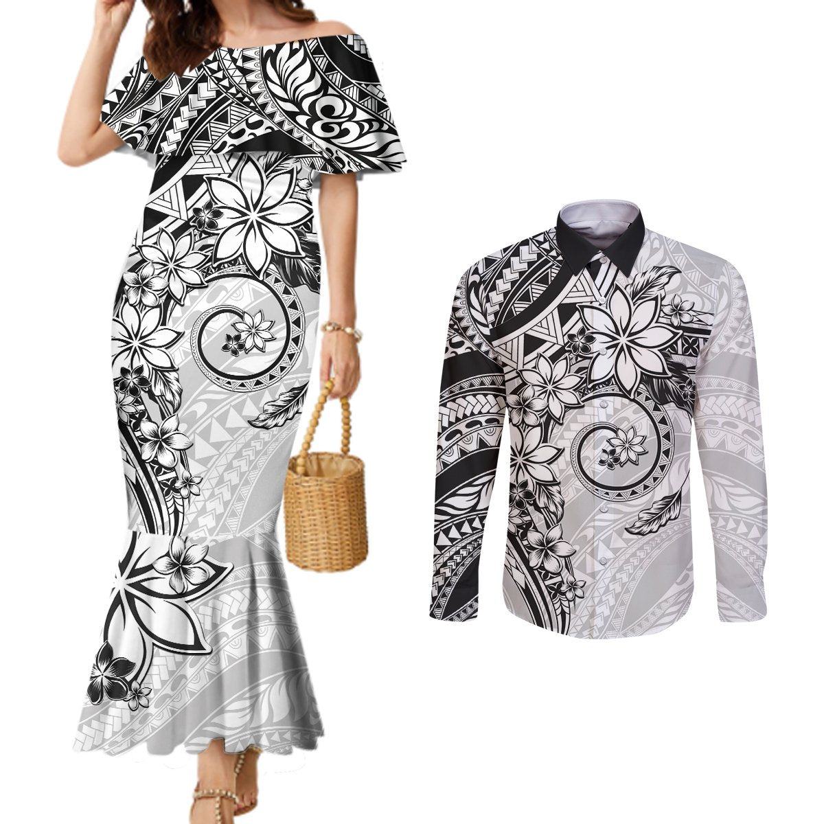 Polynesian Pattern With Plumeria Flowers Couples Matching Mermaid Dress and Long Sleeve Button Shirt White
