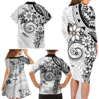 Polynesian Pattern With Plumeria Flowers Family Matching Long Sleeve Bodycon Dress and Hawaiian Shirt White