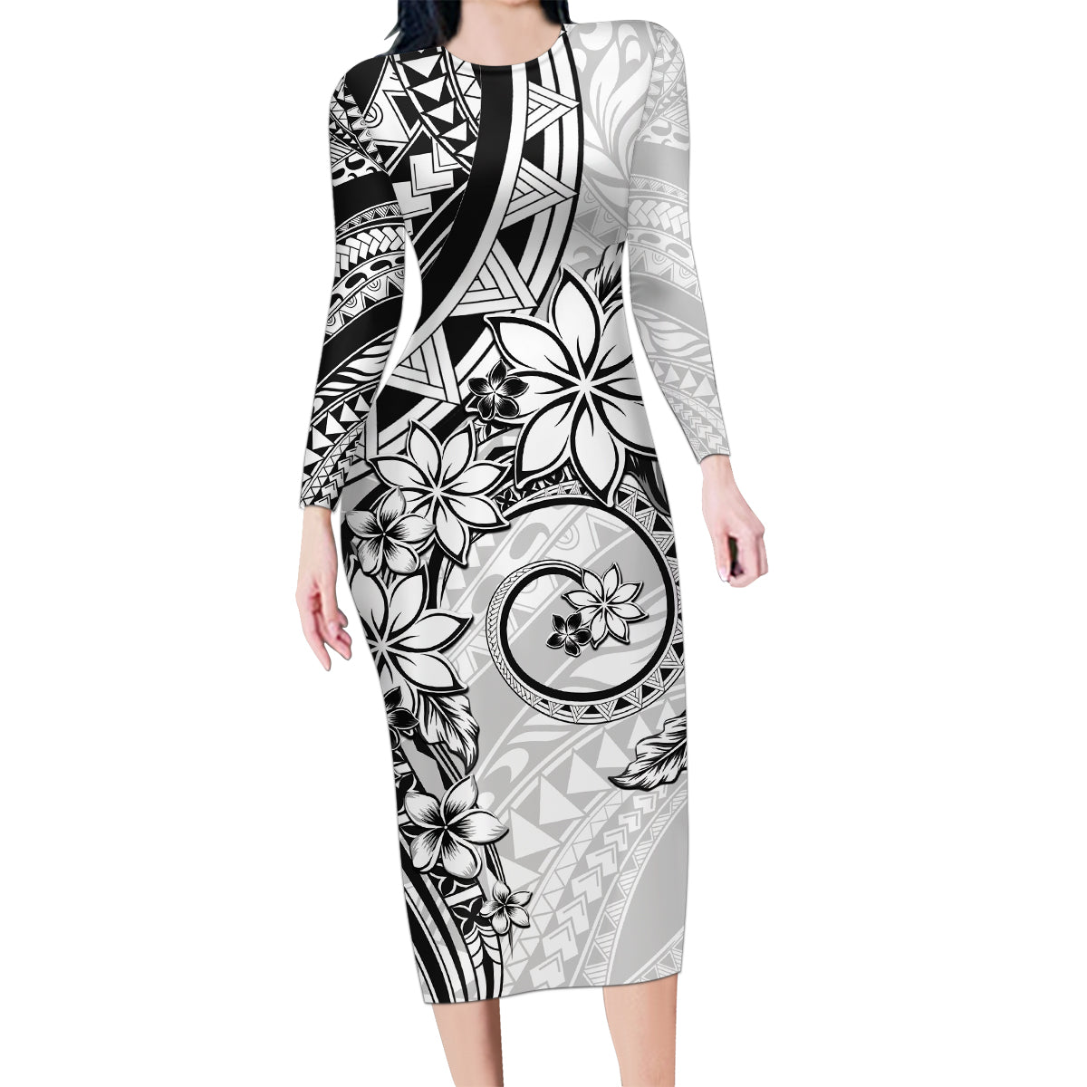 Polynesian Pattern With Plumeria Flowers Family Matching Long Sleeve Bodycon Dress and Hawaiian Shirt White