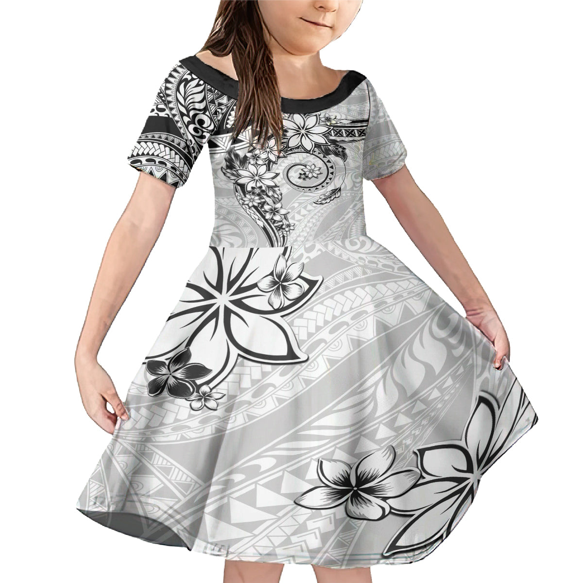 Polynesian Pattern With Plumeria Flowers Family Matching Mermaid Dress and Hawaiian Shirt White