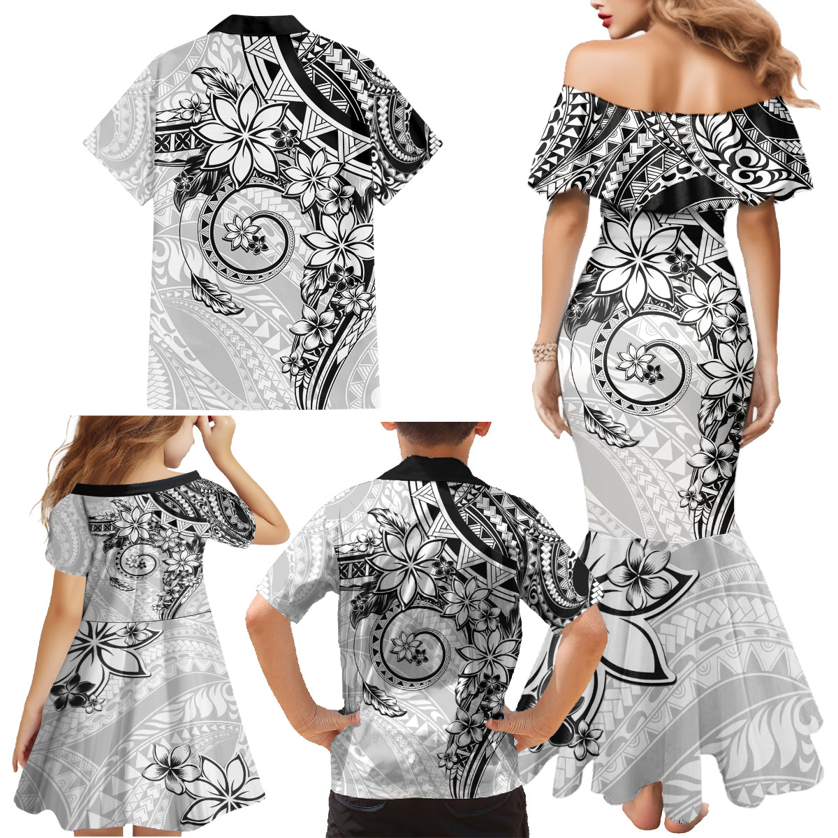 Polynesian Pattern With Plumeria Flowers Family Matching Mermaid Dress and Hawaiian Shirt White