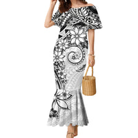 Polynesian Pattern With Plumeria Flowers Family Matching Mermaid Dress and Hawaiian Shirt White