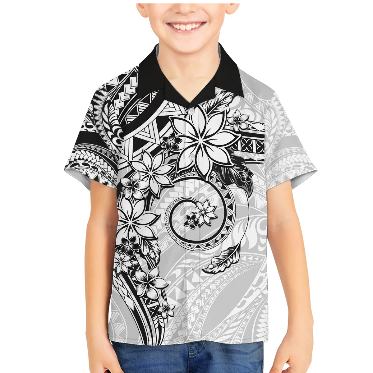 Polynesian Pattern With Plumeria Flowers Family Matching Mermaid Dress and Hawaiian Shirt White
