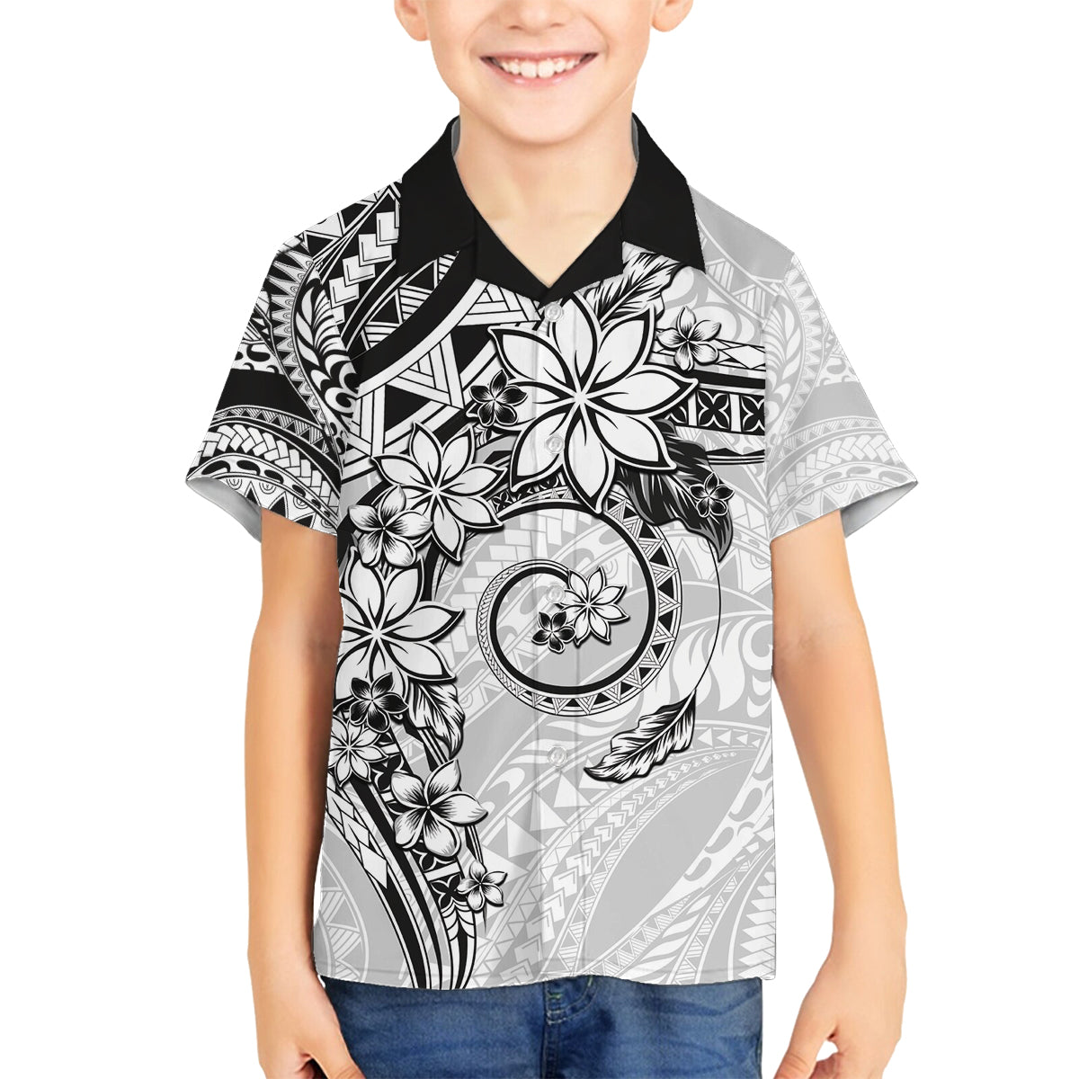 Polynesian Pattern With Plumeria Flowers Family Matching Off Shoulder Maxi Dress and Hawaiian Shirt White