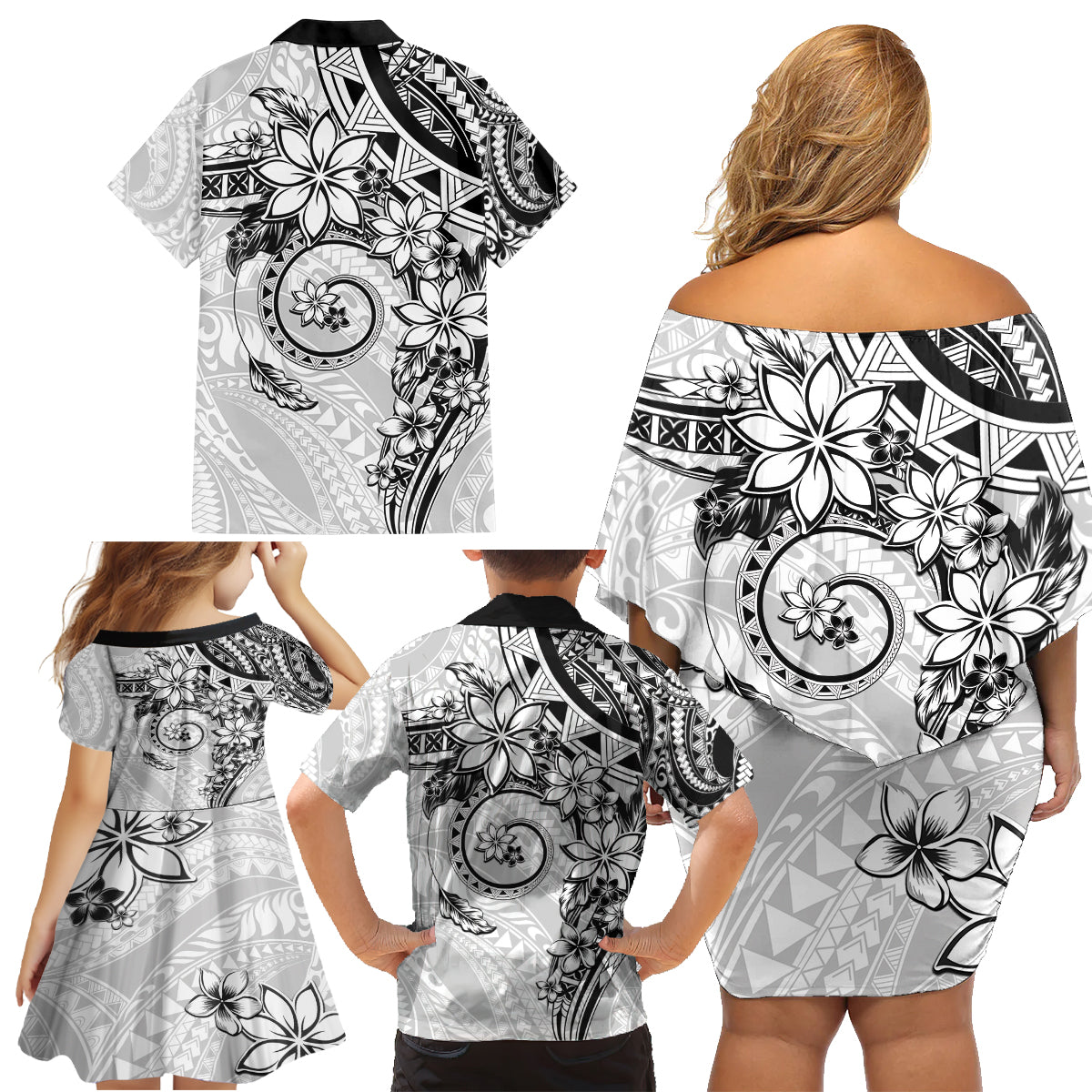 Polynesian Pattern With Plumeria Flowers Family Matching Off Shoulder Short Dress and Hawaiian Shirt White
