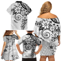 Polynesian Pattern With Plumeria Flowers Family Matching Off Shoulder Short Dress and Hawaiian Shirt White