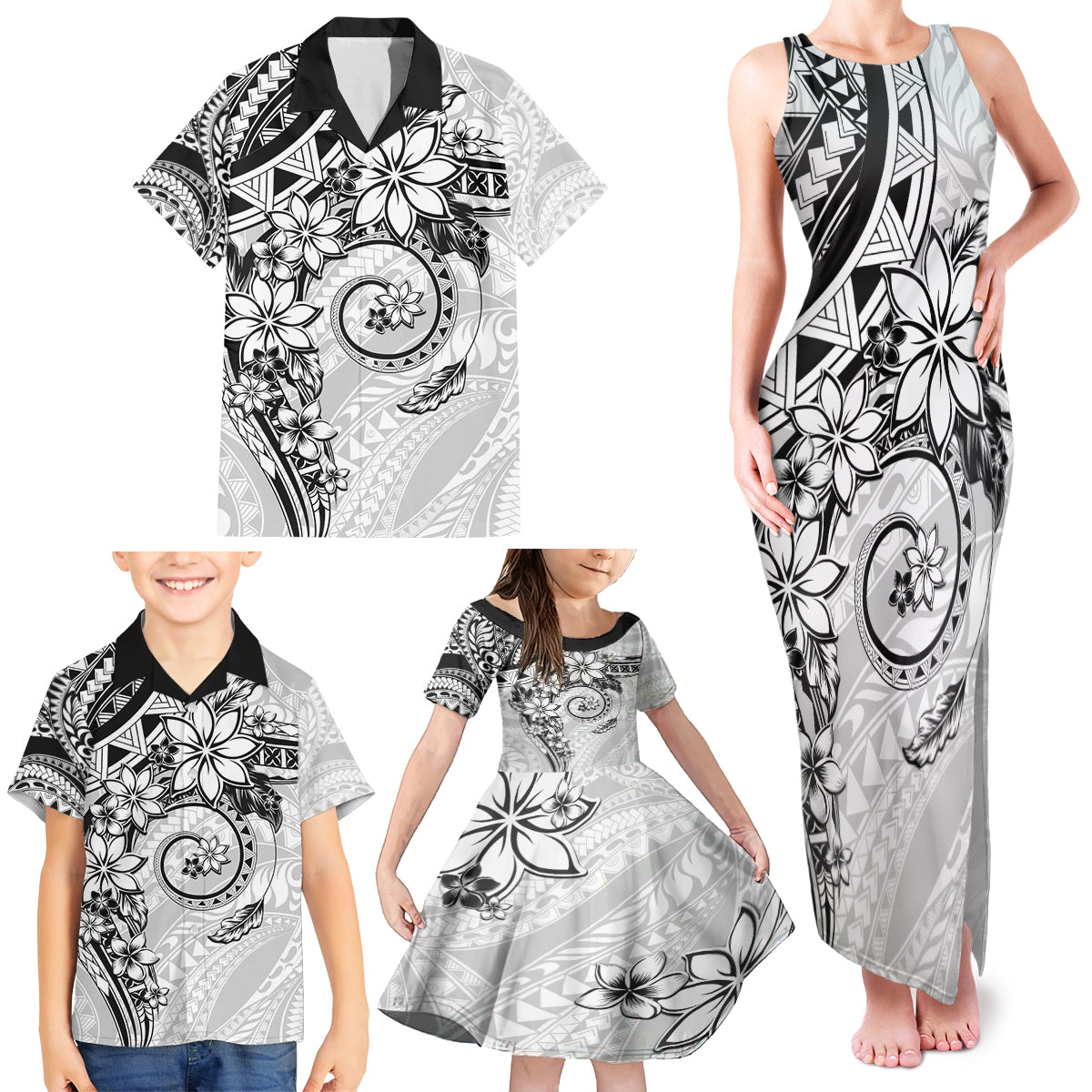 Polynesian Pattern With Plumeria Flowers Family Matching Tank Maxi Dress and Hawaiian Shirt White